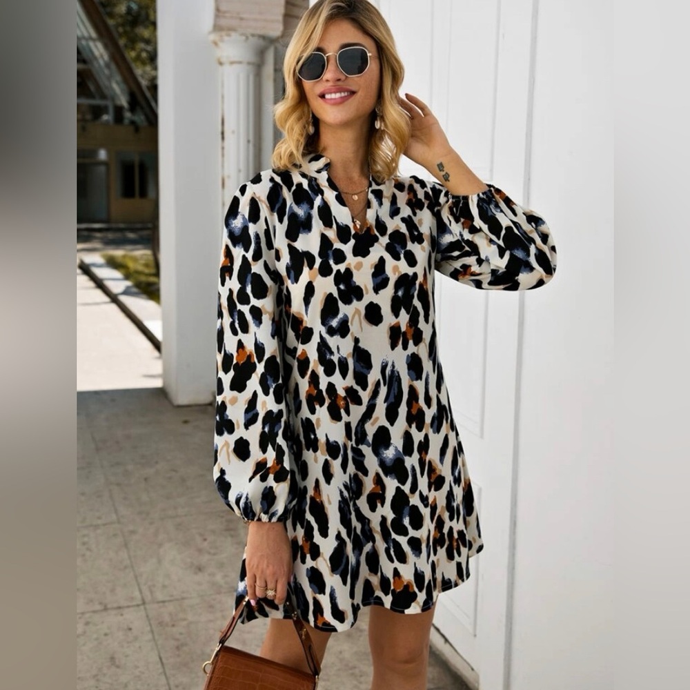 Leopard Print Notched collar long sleeve short dress blouse fashion